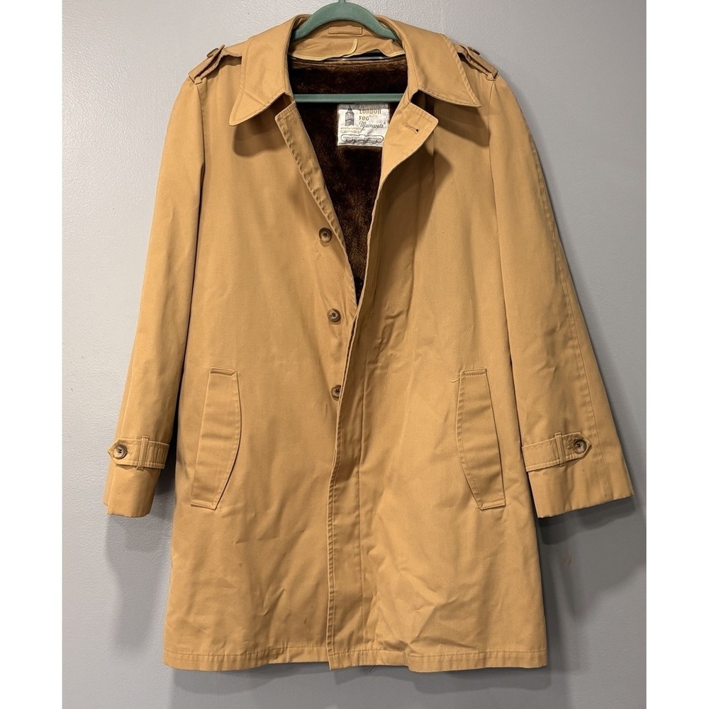 Vintage London Fog Maincoat Trench Coat Mens 40L Beige Fur Lined Removable